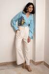 Buy_ORIGANI_Blue Linen Blend Embroidered Butterfly V Neck Wrap Blouse_at_Aza_Fashions