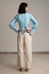 Shop_ORIGANI_Blue Linen Blend Embroidered Butterfly V Neck Wrap Blouse_at_Aza_Fashions