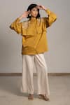 Buy_ORIGANI_Yellow Cotton Satin Embroidered Butterfly Band Double Layered Oversized Shirt_at_Aza_Fashions