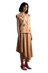 ORIGANI_Beige Linen Blend Embroidered Floral Lapel Jacket_Online_at_Aza_Fashions