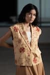 Shop_ORIGANI_Beige Linen Blend Embroidered Floral Lapel Jacket_Online_at_Aza_Fashions
