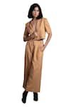 ORIGANI_Brown Linen Blend Solid Notched Lapel Blazer With Pant_Online_at_Aza_Fashions