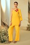 Buy_ORIGANI_Yellow Orange Fibre Crepe Embellished Applique One Shoulder Tunic With Pant_at_Aza_Fashions
