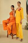 ORIGANI_Yellow Orange Fibre Crepe Embellished Applique One Shoulder Tunic With Pant_Online