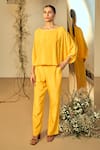 Buy_ORIGANI_Yellow Orange Fibre Crepe Solid Round Balloon Top With Pant_at_Aza_Fashions