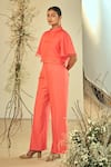 ORIGANI_Coral Cotton Silk Solid Band Collar Layered Crop Top With Pant _at_Aza_Fashions