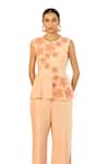 Shop_ORIGANI_Peach Cotton Silk Embellished Applique Round Peplum Top With Pant_Online_at_Aza_Fashions