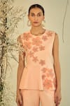 ORIGANI_Peach Cotton Silk Embellished Applique Round Peplum Top With Pant_at_Aza_Fashions