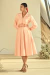 Buy_ORIGANI_Peach Cotton Silk Embellished Applique Lapel Collar Shirt Dress _at_Aza_Fashions