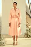 Shop_ORIGANI_Peach Cotton Silk Embellished Applique Lapel Collar Shirt Dress _Online_at_Aza_Fashions