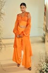 ORIGANI_Fibre Crepe Embellished Applique Shrug Shawl Floral Pant Set _Online_at_Aza_Fashions