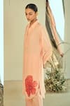 Shop_ORIGANI_Peach Cotton Silk Embellished Applique Flat Collar Floral Kurta With Pant_Online_at_Aza_Fashions