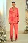 ORIGANI_Coral Cotton Silk Embellished Applique Flat Collar Angrakha Shirt With Pant_Online_at_Aza_Fashions