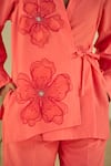ORIGANI_Coral Cotton Silk Embellished Applique Flat Collar Angrakha Shirt With Pant_at_Aza_Fashions