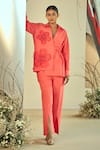Buy_ORIGANI_Coral Cotton Silk Embellished Applique Flat Collar Angrakha Shirt With Pant_Online