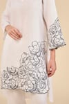 Shop_ORIGANI_White 100% Linen Placement Embroidery Rose Garden V Collar Tunic With Pant _at_Aza_Fashions