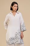 Shop_ORIGANI_White 100% Linen Placement Embroidery Rose Garden V Collar Tunic With Pant _Online_at_Aza_Fashions