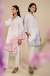 ORIGANI_White 100% Linen Placement Embroidery Rose Garden V Collar Tunic With Pant _at_Aza_Fashions