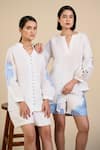 Buy_ORIGANI_White 100% Linen Placement Embroidery Rosette Collared Neck Sleeve Blouse _Online_at_Aza_Fashions