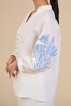 Shop_ORIGANI_White 100% Linen Placement Embroidery Rosette Collared Neck Sleeve Blouse _Online_at_Aza_Fashions