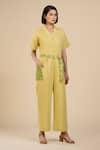 Buy_ORIGANI_Green Linen Blend Embroidered Floral Lapel Collar Patchwork Jumpsuit With Belt _at_Aza_Fashions