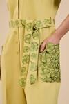 ORIGANI_Green Linen Blend Embroidered Floral Lapel Collar Patchwork Jumpsuit With Belt _Online_at_Aza_Fashions