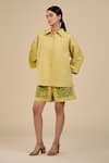 Buy_ORIGANI_Green Linen Blend Embroidered Floral Collared Sleeve Shirt And Shorts Set _at_Aza_Fashions