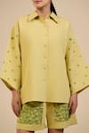 Buy_ORIGANI_Green Linen Blend Embroidered Floral Collared Sleeve Shirt And Shorts Set _Online_at_Aza_Fashions