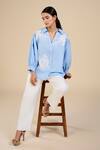 Shop_ORIGANI_Blue Linen Blend Embroidered Floral Shirt And Pant Set _at_Aza_Fashions