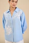 ORIGANI_Blue Linen Blend Embroidered Floral Shirt And Pant Set _Online_at_Aza_Fashions