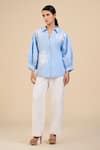 Buy_ORIGANI_Blue Linen Blend Embroidered Floral Shirt_at_Aza_Fashions