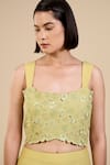 Buy_ORIGANI_Green Linen Blend Embroidered Floral Square Cutwork Bustier _at_Aza_Fashions