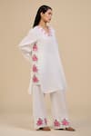 Buy_ORIGANI_White 100% Linen Placement Embroidery Primrose V Neck Tunic And Pant Set _at_Aza_Fashions