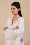 ORIGANI_White 100% Linen Placement Embroidery Primrose V Neck Tunic And Pant Set _Online_at_Aza_Fashions