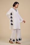 Buy_ORIGANI_White 100% Linen Placement Embroidery Primrose V Neck Tunic With Pant_at_Aza_Fashions