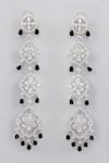 Shop_Zevar By Geeta_Black Fabric Flowers, Diamonds Faux Studded Long Dangler Earrings _at_Aza_Fashions