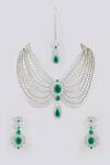 Shop Zevar By Geeta Green Fabric Flowers, Stones, Diamonds Layered Embellished Bridal Necklace Set at Aza Fashions Shop_Zevar By Geeta_Green Fabric Flowers, Stones, Diamonds Layered Embellished Bridal Necklace Set_at_Aza_Fashions