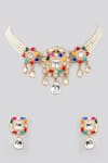 Shop_Zevar By Geeta_Gold Plated Pearls, Gota Patti Floral Kundan Embellished Necklace Set _at_Aza_Fashions