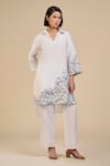 Buy_ORIGANI_White 100% Linen Placement Embroidery Rose Garden V Collar Tunic With Pant _at_Aza_Fashions