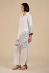 ORIGANI_White 100% Linen Placement Embroidery Rose Garden V Collar Tunic With Pant _Online_at_Aza_Fashions