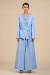 Buy_ORIGANI_Blue Linen Blend Embroidery Rosette V Neck Jacket With Belt_at_Aza_Fashions