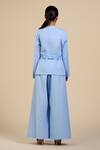 ORIGANI_Blue Linen Blend Embroidery Rosette V Neck Jacket With Pant_Online_at_Aza_Fashions
