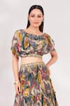 Shop_Chaashni by Maansi and Ketan_Grey Crepe Printed Leaf Round Neck Top And Ruched Skirt Set _Online_at_Aza_Fashions