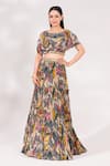 Chaashni by Maansi and Ketan_Grey Crepe Printed Leaf Round Neck Top And Ruched Skirt Set _at_Aza_Fashions