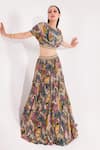 Buy_Chaashni by Maansi and Ketan_Grey Crepe Printed Leaf Round Neck Top And Ruched Skirt Set 