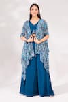 Buy_Chaashni by Maansi and Ketan_Blue Crepe Printed Abstract Floral Shrug Open Palazzo Set _at_Aza_Fashions