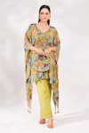 Buy_Chaashni by Maansi and Ketan_Green Crepe Printed Abstract Leaf Neck Kaftan And Palazzo Set _at_Aza_Fashions