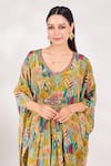 Buy_Chaashni by Maansi and Ketan_Green Crepe Printed Abstract Leaf Neck Kaftan And Palazzo Set _Online_at_Aza_Fashions