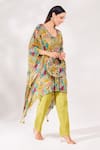 Chaashni by Maansi and Ketan_Green Crepe Printed Abstract Leaf Neck Kaftan And Palazzo Set _at_Aza_Fashions