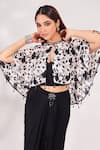 Chaashni by Maansi and Ketan_Black Crepe Printed Floral Vine Cape Round Draped Skirt Set _at_Aza_Fashions